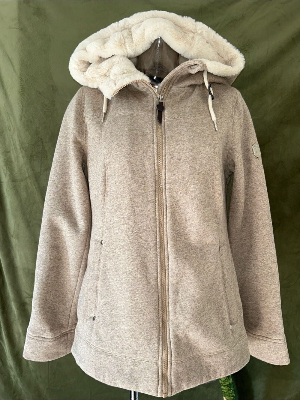 1 Madison Taupe Hooded Puffer Jacket with Cream Sherpa Hood Lining